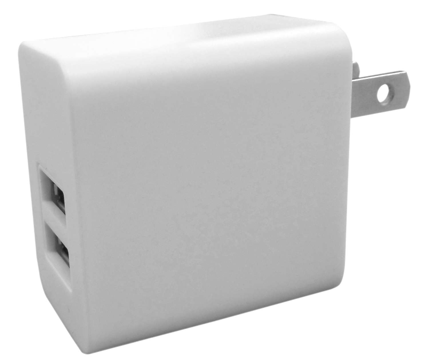 WHITE AC CHARGER WITH TWO USB PORTS. CHARGES SMALL ELECTRONICS THAT USE USB CABLE