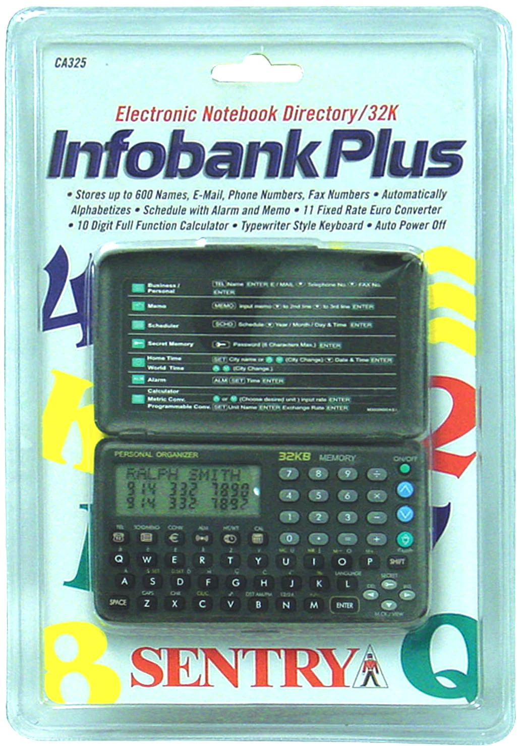 SENTRY - INFOBANK PLUS 32K ELECTRONIC NOTEBOOK STORES UP TO 600 NAMES, E-MAIL, PHONE/FAX NUMBERS. AUTO ALPHABETIZES, SCHEDULER WITH ALARM