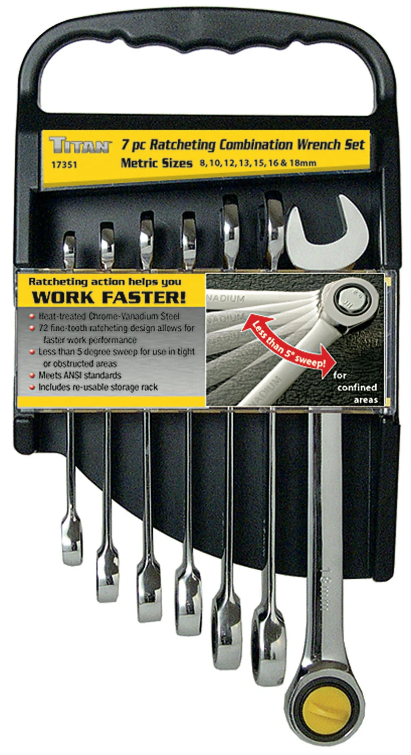 TITAN - 7 PIECE METRIC RATCHET COMBO WRENCH SET, IN SIZES: 8.0, 10.0, 12.0, 13.0, 15.0, 16.0 & 18.0MM