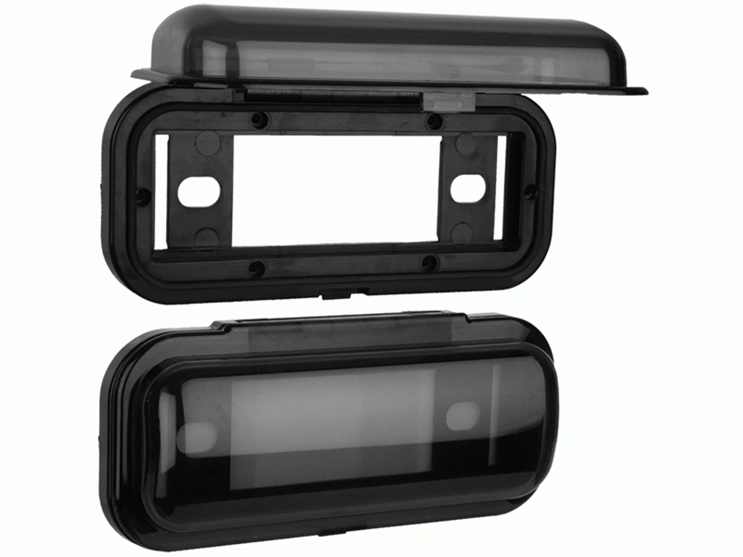 METRA  - DASH MOUNT UNIVERSAL MARINE RADIO COVER SYSTEM WITH BLACK FINISH, SMOKE FLIP DOWN SHIELD