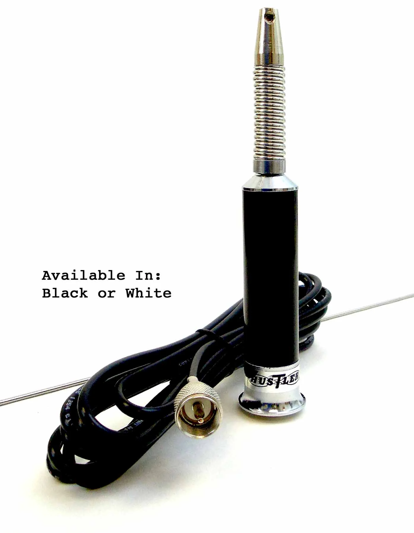 HUSTLER - 44" TALL ROOF OR DECK MOUNT CB ANTENNA WITH SPRING & 16 FEET OF COAX CABLE WITH PL259 CONNECTOR, IN WHITE - REQUIRES 3/8" HOLE