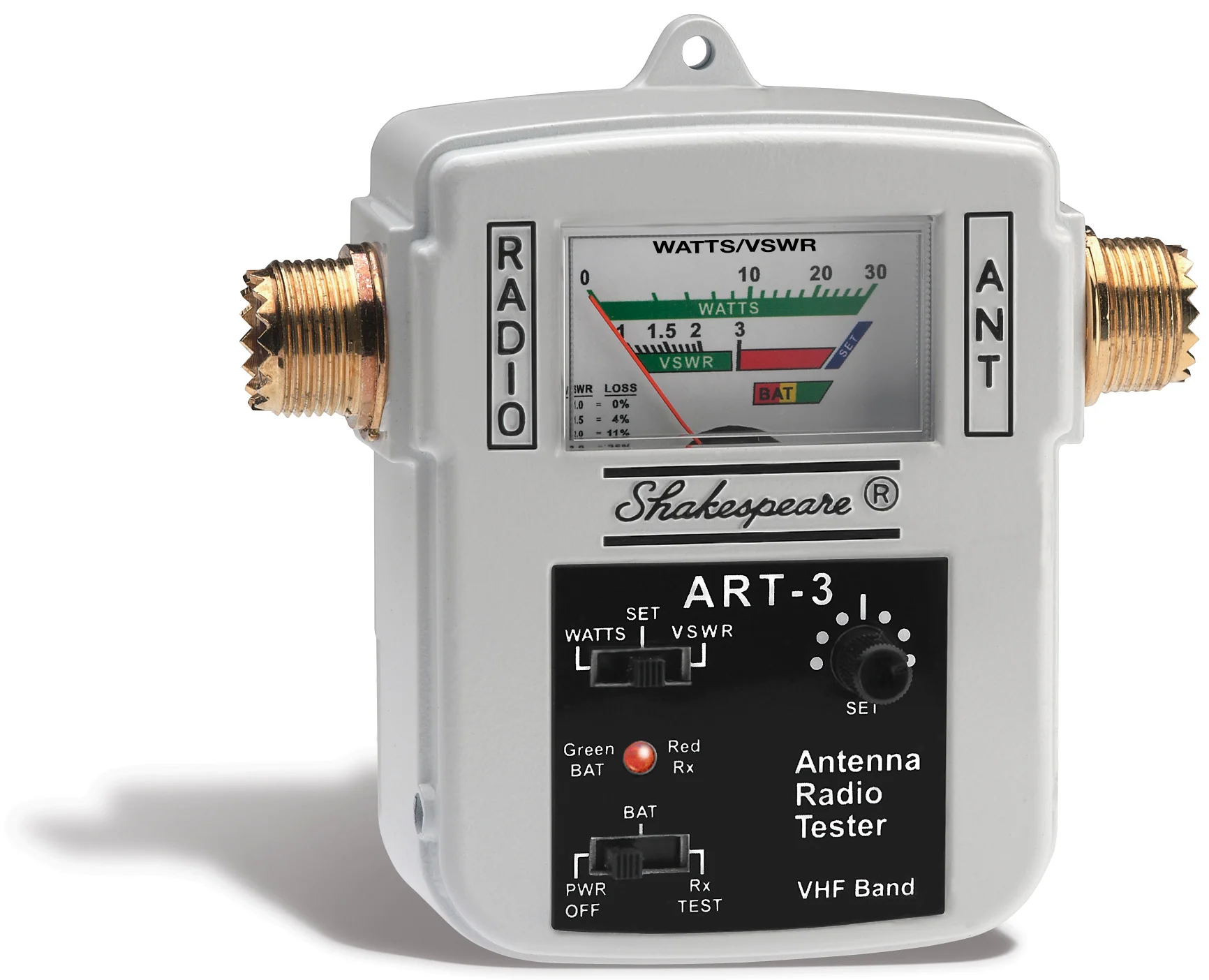 SHAKESPEARE ART-3 MARINE TESTER FOR VHF RADIOS - CHECKS OUTPUT POWER AND VSWR. OPERATES ON 12 VOLTS OR BATTERIES