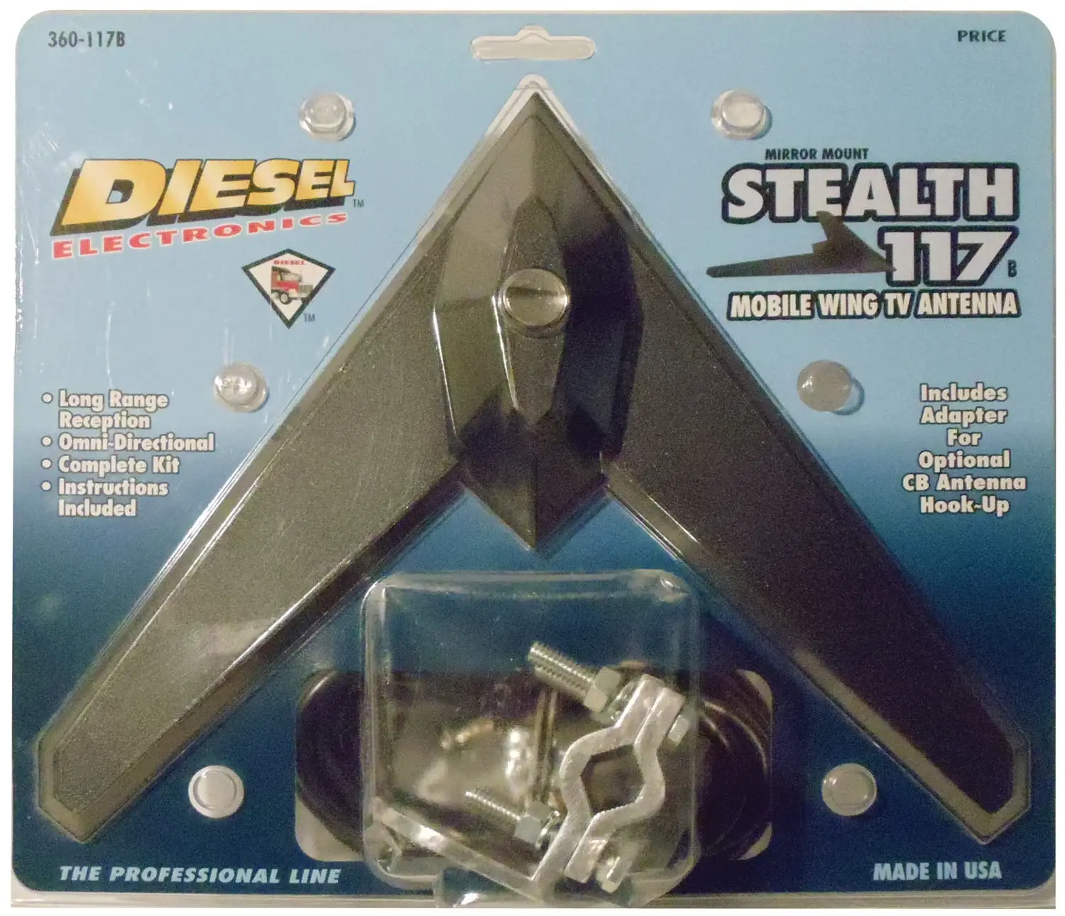 DIESEL - STEALTH 117 MOBILE WING TV ANTENNA WITH HORIZONTAL/VERTICAL MIRROR MOUNT, CB ADAPTER  & TV CABLE IN BLACK