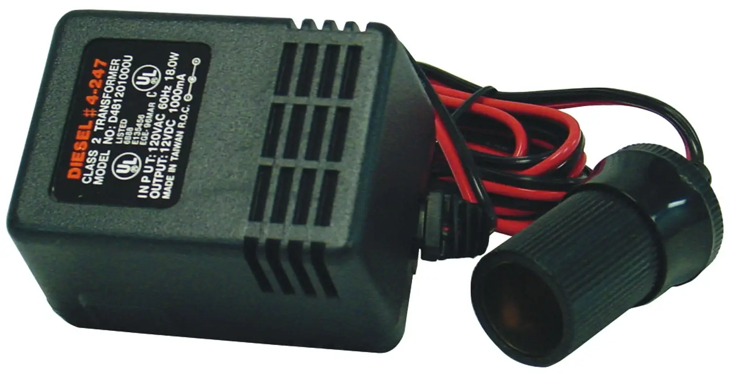 DIESEL -UL APPROVED 1 AMP (100MA) 120 VOLT AC TO 12 VOLT DC CLASS 2 TRANSFORMER WITH 5' POWER WIRE & CIGARETTE SOCKET ADAPTER