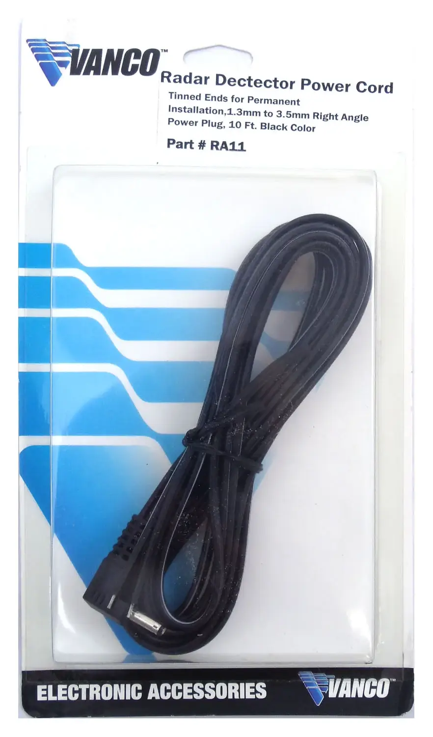 VANCO -  10' DIRECT WIRE POWER CORD WITH 1.3MM RIGHT ANGLE PLUG - TINNED WIRE ENDS